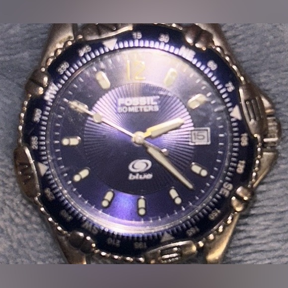 FOSSIL BLUE WATCH MENS STAINLESS SILVER DATE 50M WATER RES BROWN LEATHER QUARTZ - Picture 3 of 4